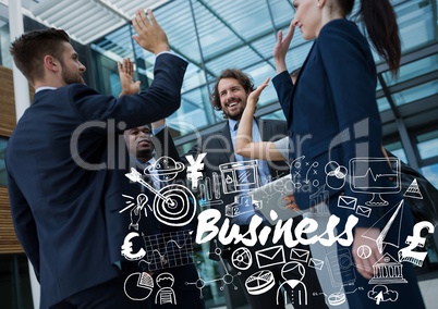 Business group high fiving with white business doodles