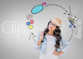 Woman with creative graphics drawings
