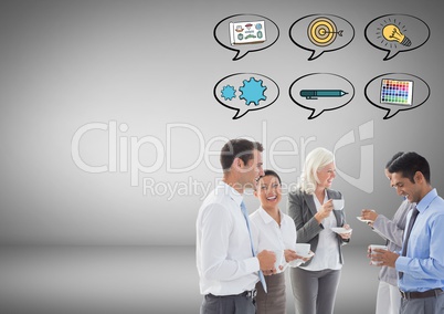 Business people  with speech bubbles targets ideas graphics drawings