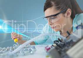 Woman with electronics against blue background with waves