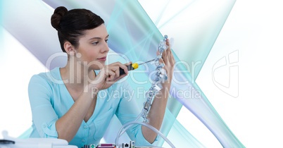 Woman with electronics against white background with blue and purple texture