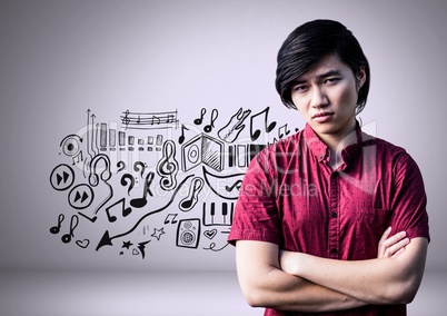 Man with folded arms and music graphic drawings