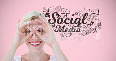 Woman with funny face and social media graphics drawings