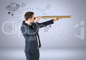 Businessman with telescope and planet and stars astronomical graphic drawings