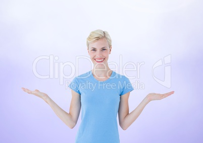 Woman choosing or deciding with open palms hands