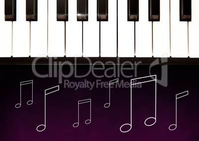Piano keys against purple background with music note illustrations
