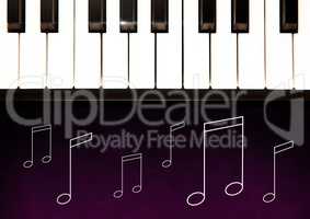 Piano keys against purple background with music note illustrations