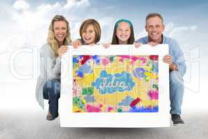 Happy famil holding card with colorful illustration