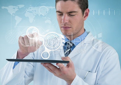 Man in lab coat with tablet and white interface against blue background with interface