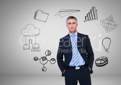 Businessman with technology and business graphics drawings