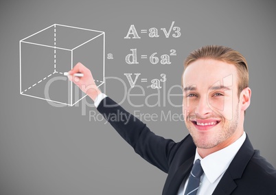 Businessman drawing equations graphics