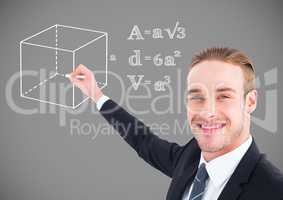 Businessman drawing equations graphics