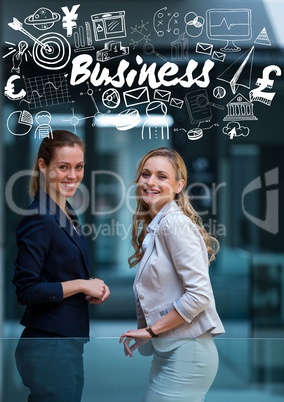 Two business women smiling below white business doodles