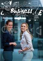 Two business women smiling below white business doodles
