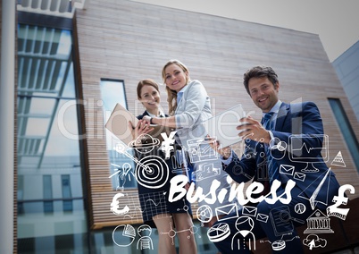 Business people smiling and using devices with white business doodles