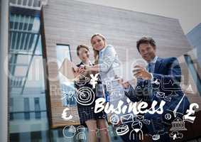 Business people smiling and using devices with white business doodles