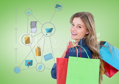 Woman with shopping icons graphics drawings