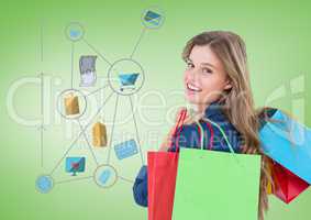 Woman with shopping icons graphics drawings