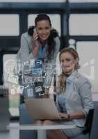 Business women with white business doodles over laptop
