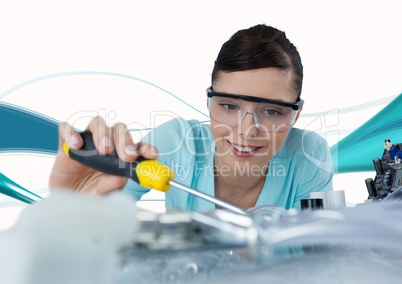 Woman with electronics against blue and white background with waves
