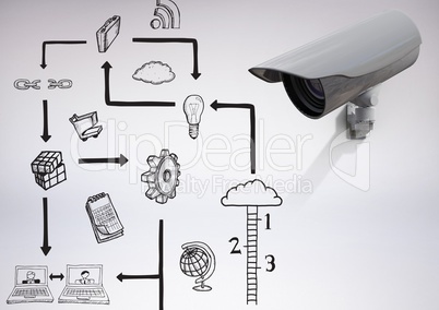 3D Camera against grey background with technology graphic drawings icons