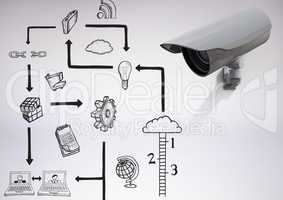 3D Camera against grey background with technology graphic drawings icons
