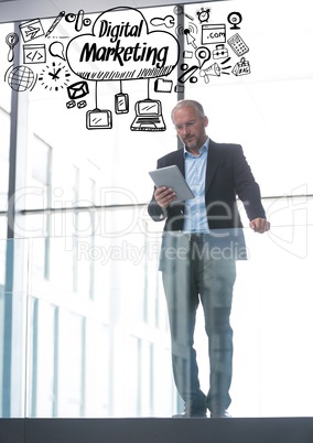 Business man on balcony with black business doodles