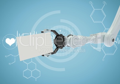 White robot claw with white card against white medical interface and blue background
