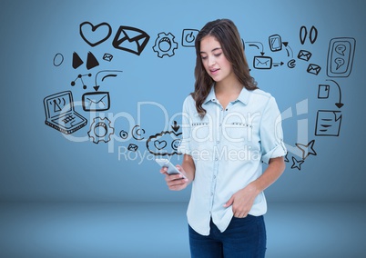 Woman with phone and social media graphics drawings