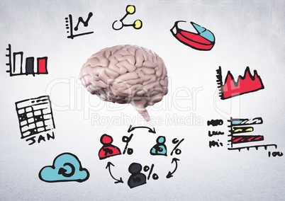 Pink brain with pink blue yellow business doodles against white wall