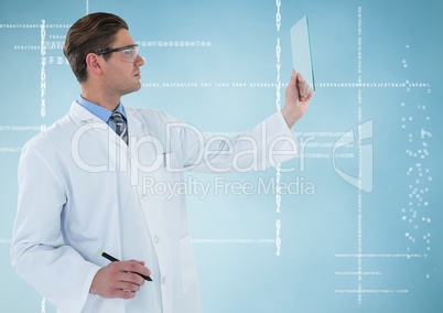 Man in lab coat and goggles with pen holding up glass device against white interface and blue backgr