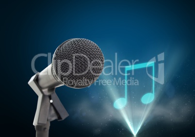 Microphone against blue background with music notes