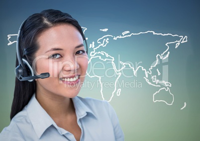 Travel agent with headset against white map and blue green background