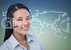 Travel agent with headset against white map and blue green background