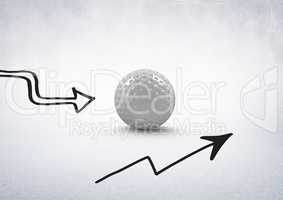 Golf ball with arrow drawings against white background