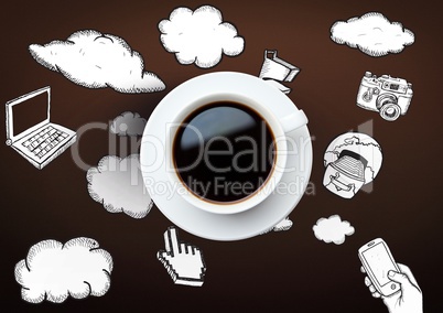 3D Coffee cup with technology icon drawings and clouds against brown background