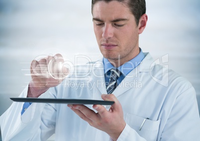 Man in lab coat with tablet and white interface with flare against grey background