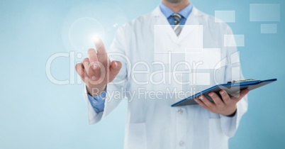 Man in lab coat with clipboard and square interface pointing with flare against blue background