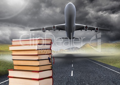 Books stacked by plane take off runway
