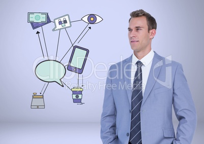 Businessman with business work graphic drawingsl