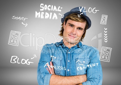 Businessman with social media blog Business graphics drawings