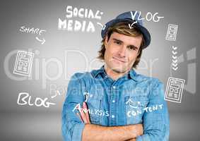 Businessman with social media blog Business graphics drawings