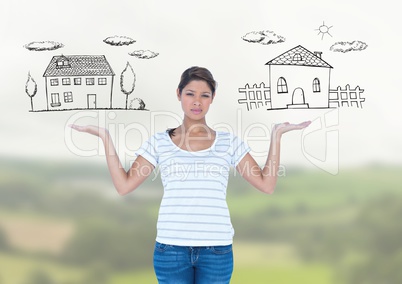 Woman choosing or deciding homes with open palm hands