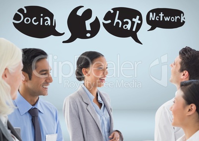 Business people with social media chat networking speech bubbles drawings