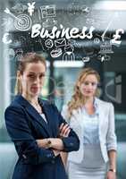 Two business women one with arms folded below white business doodles