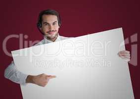 Customer service man with large blank card against maroon background