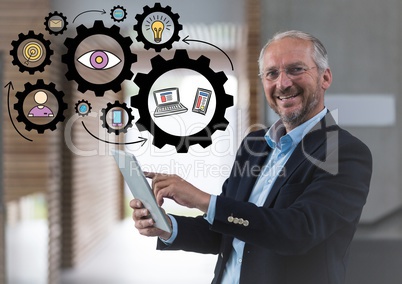 Business man with tablet and black gear graphics