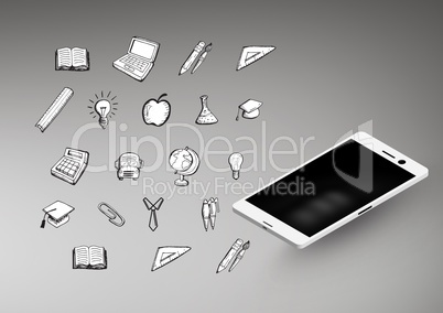 Phone against grey background with education icon graphic illustrations