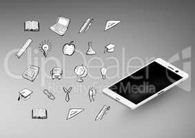 Phone against grey background with education icon graphic illustrations