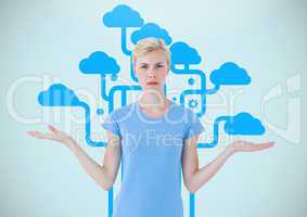 Woman choosing or deciding clouds with open palm hands